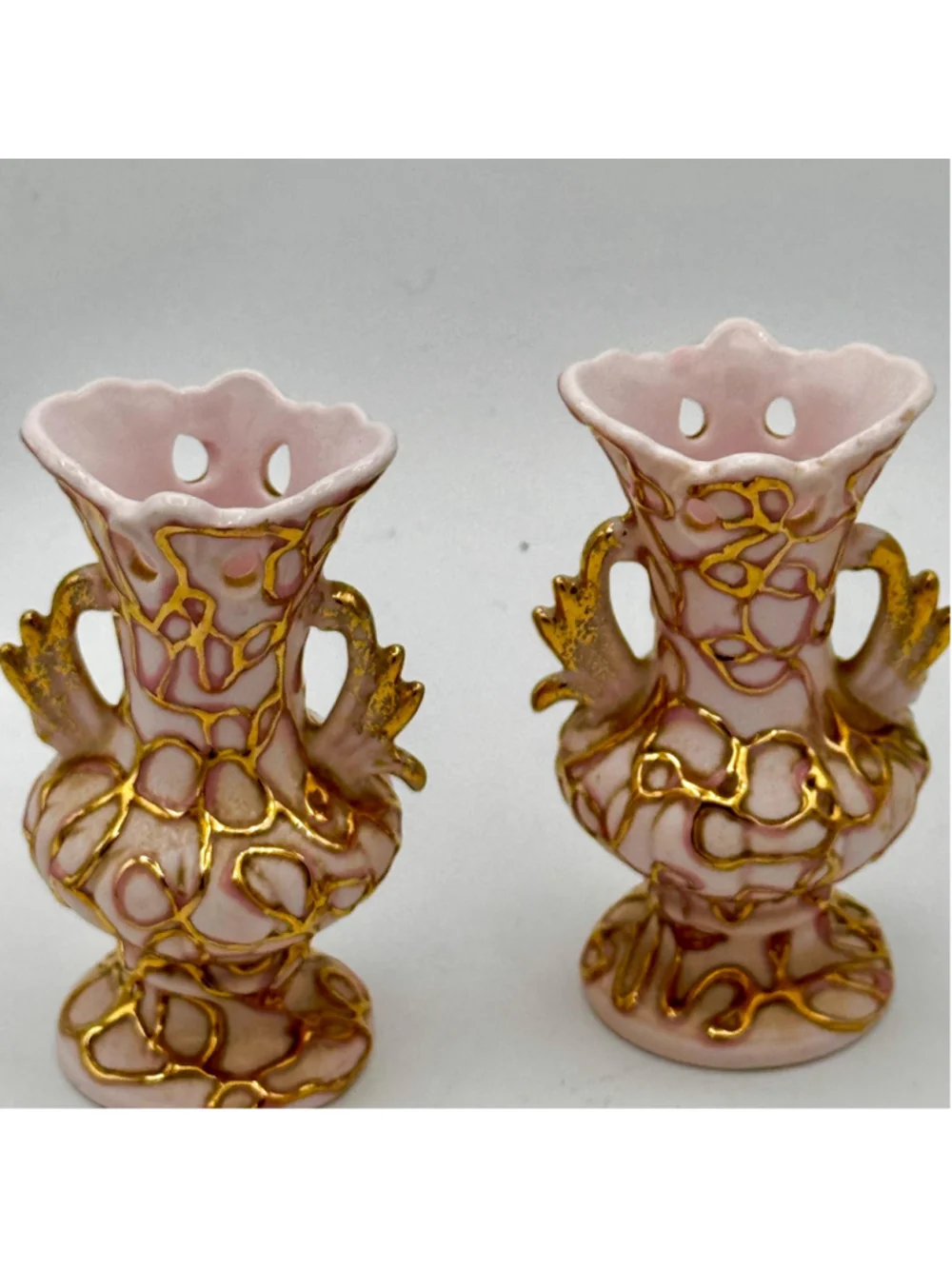 Vintage Lefton Pink & Gold Bud Vases – 24K Gold Drip Swirl Porcelain Pair